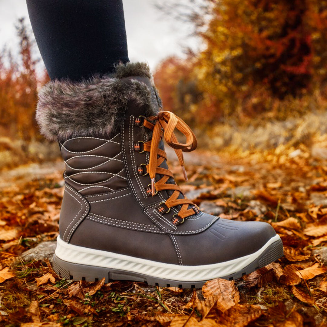 brown warm stylish women's fall winter boots with vegan leather