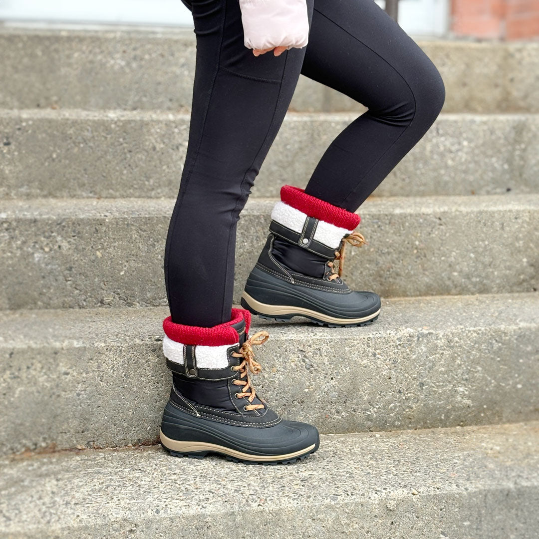 women's black boot with red knitted collar #color_red