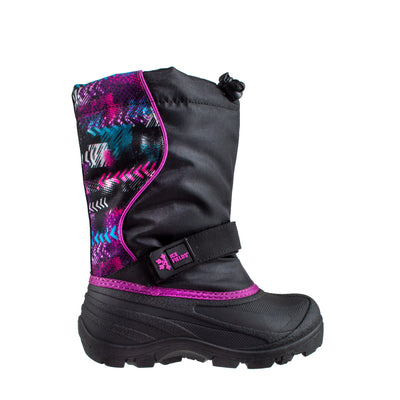 Kid's black pac boot with fuchsia arrow pattern back panel #color_purple