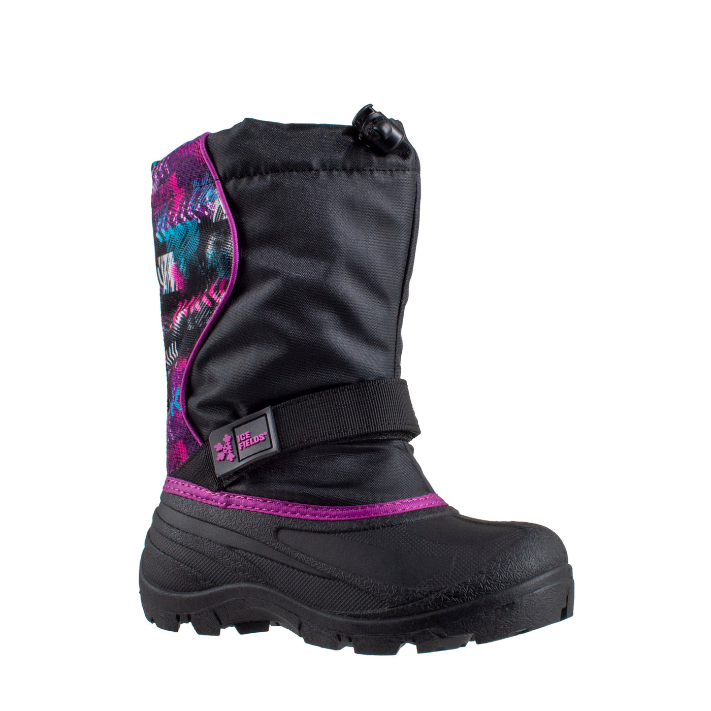 Kid's black pac boot with fuchsia arrow pattern back panel #color_purple