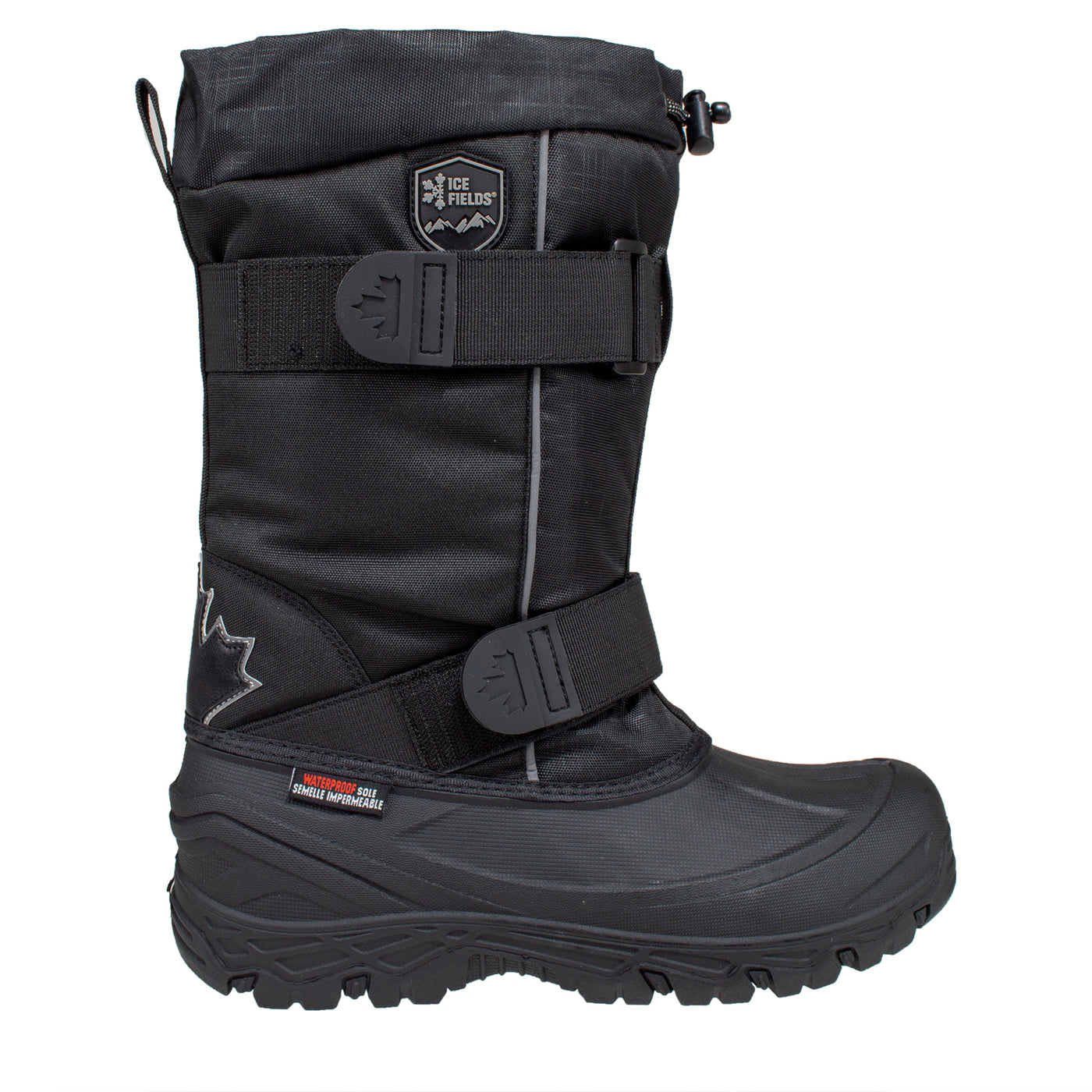 men's tall, black, waterproof pac boot with double velcro straps