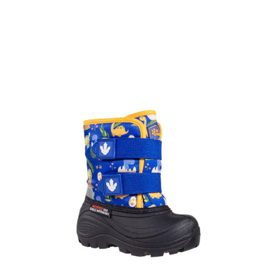 Fun, blue Dino print, light up boot for toddlers