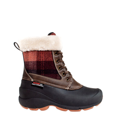 women's stylish, red plaid, brown vegan leather with faux fur collar winter boot #color_red