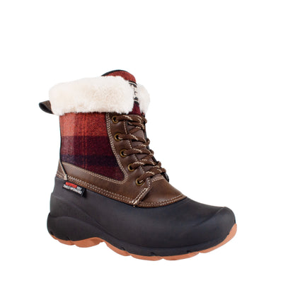 women's stylish, red plaid, brown vegan leather with faux fur collar winter boot #color_red