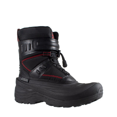 Men's mid height black boot with red accents, velcro and bungee fastening system #color_black