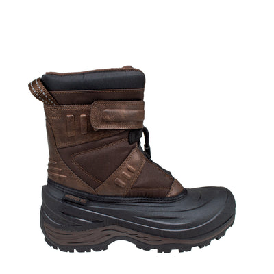 Men's mid height brown boot with velcro strap and bungee fastening system and Hydrostopper® anti-slip pods on bottom of boot