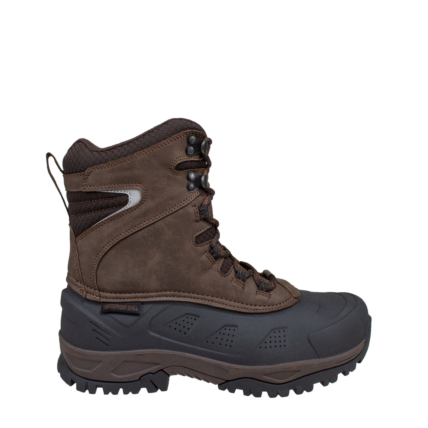men's mid height, brown, synthetic leather, insulated shell boot with speed hooks