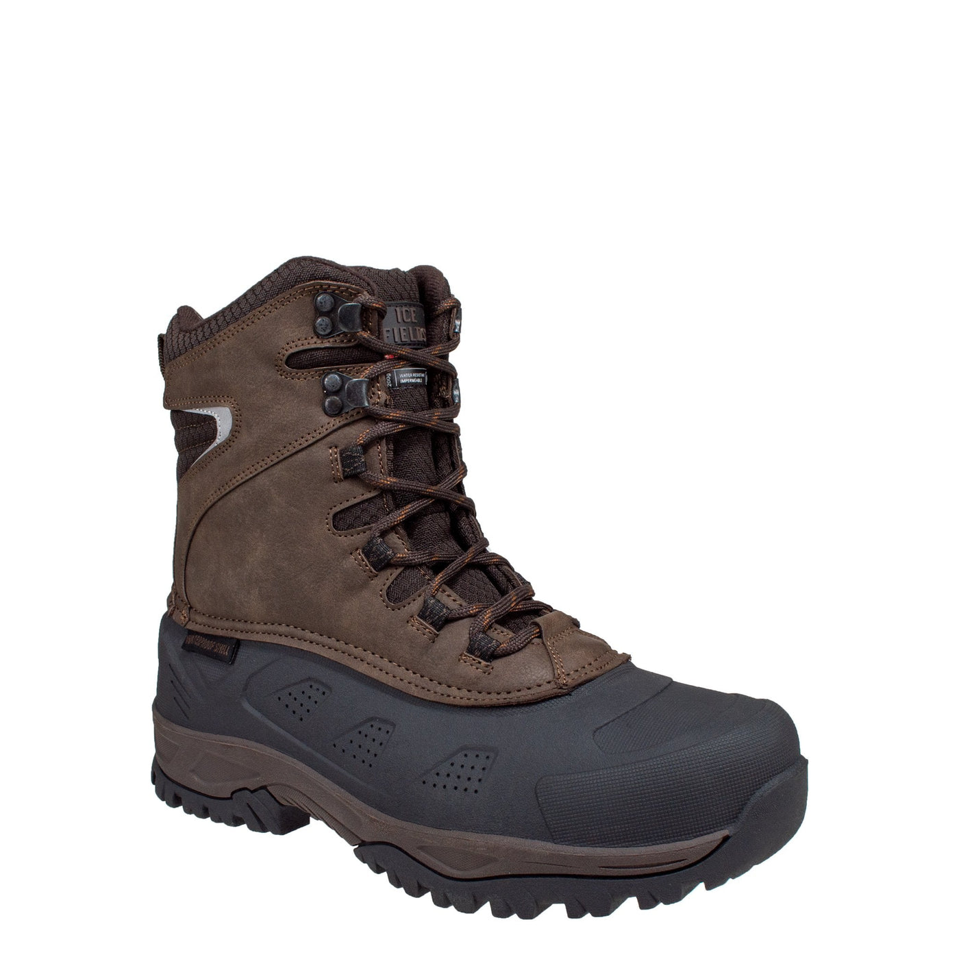 men's mid height, brown, synthetic leather, insulated shell boot with speed hooks