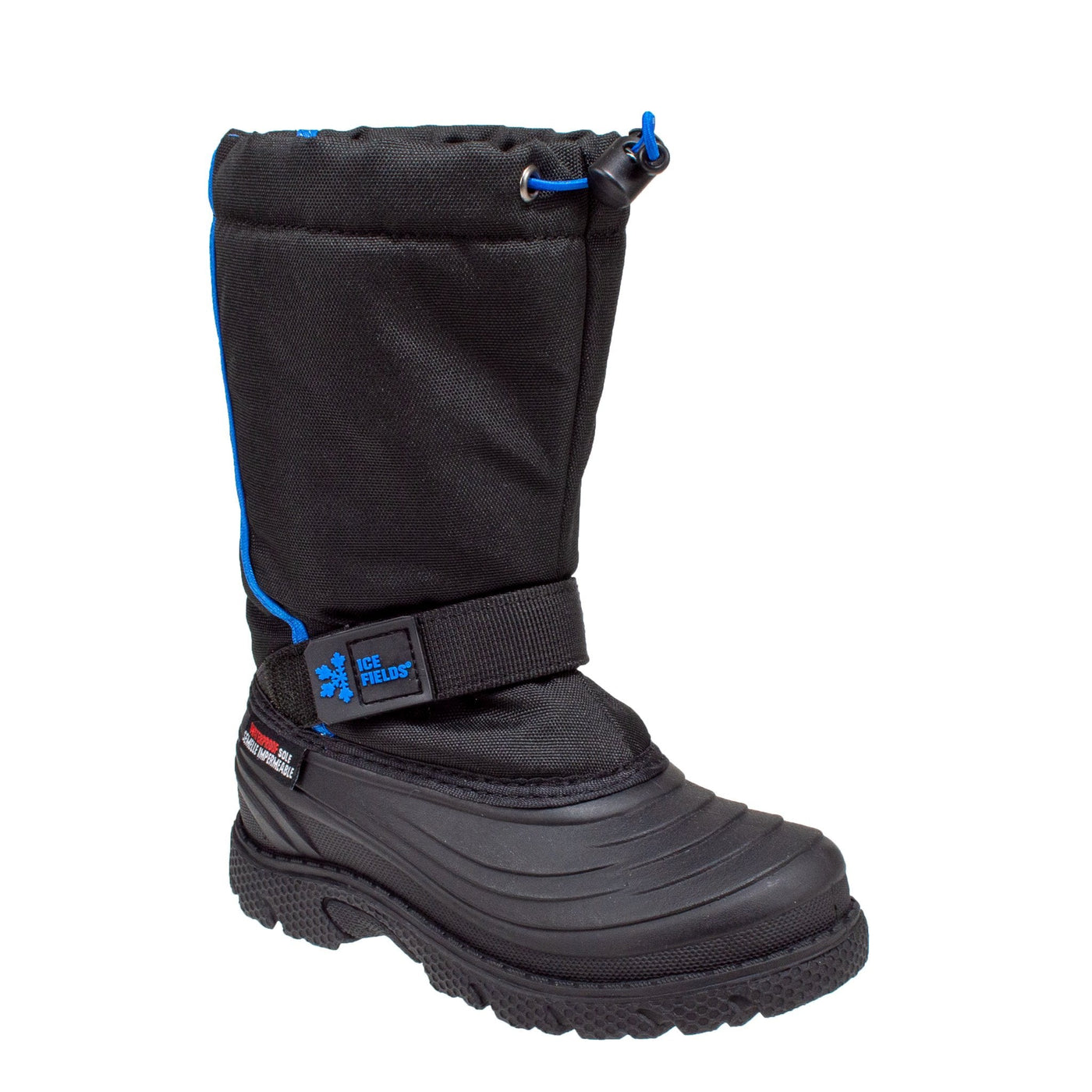 kids bright black pac boot with blue accents and velcro strap #color_black
