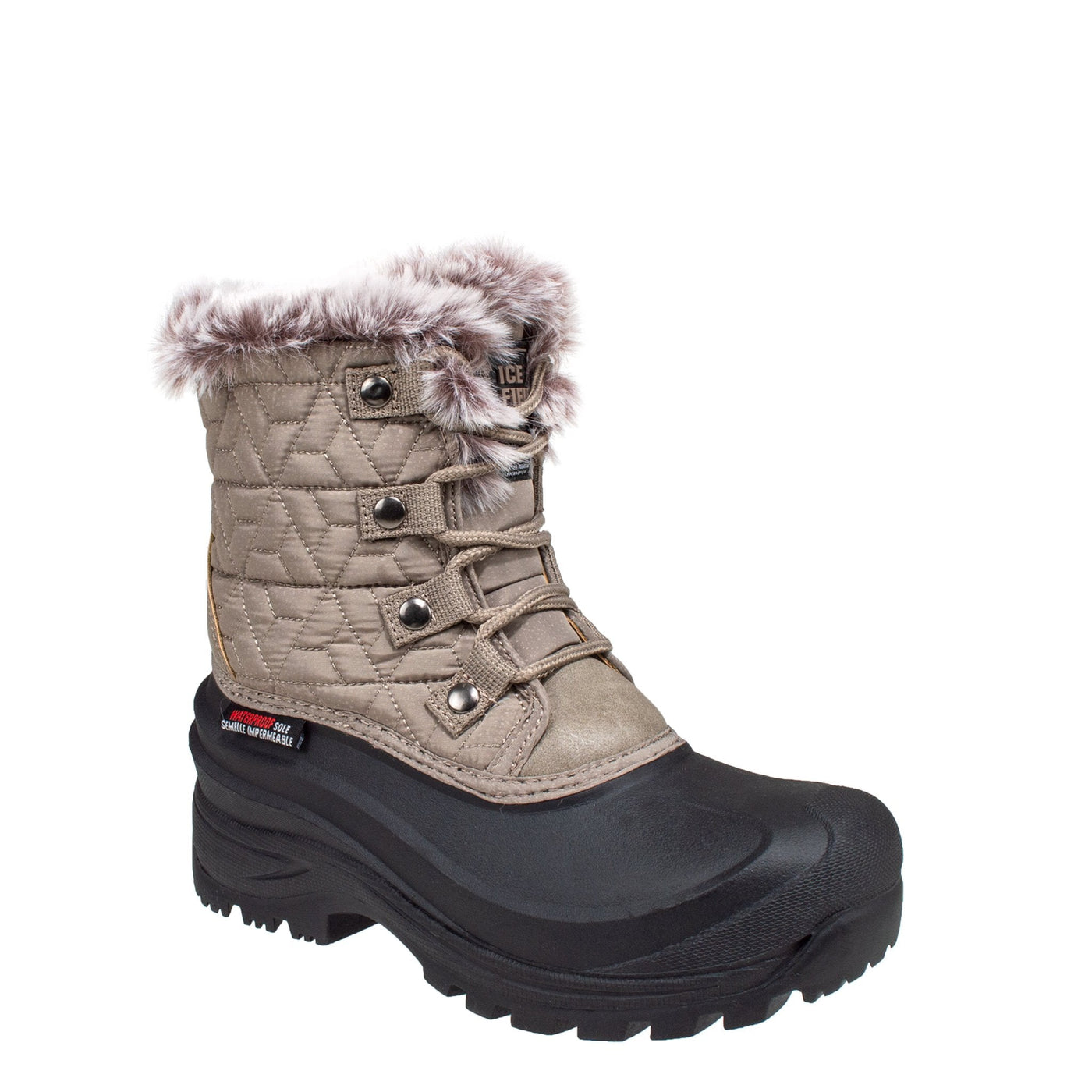 women's taupe nylon shell boot with faux fur collar #color_taupe