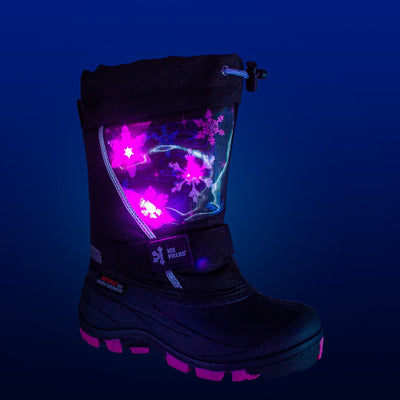 kid's light-up black pac boot with fun snowflakes lenticular front panel and velcro strap #color_black