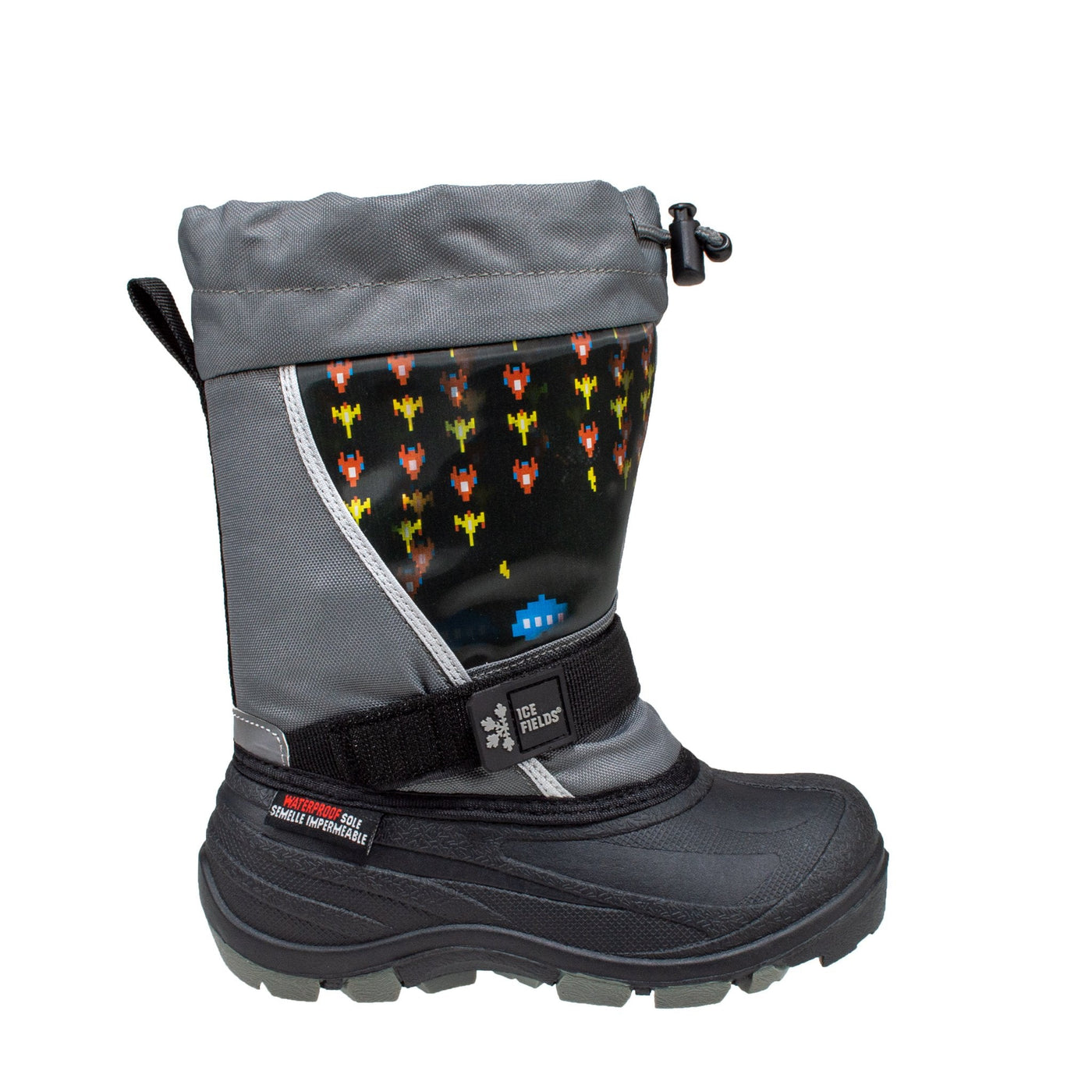 kid's light-up grey pac boot with fun spaceships lenticular front panel and velcro strap #color_grey