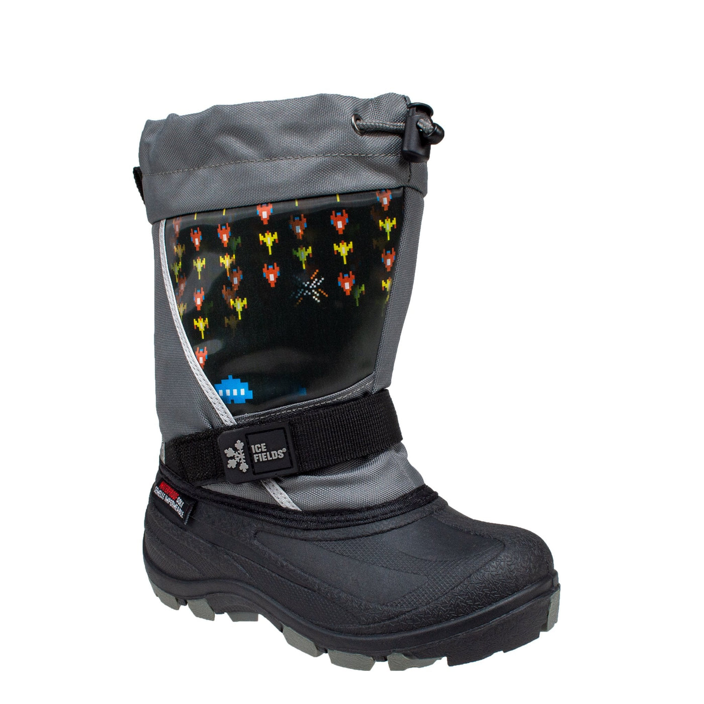 kid's light-up grey pac boot with fun spaceships lenticular front panel and velcro strap #color_grey