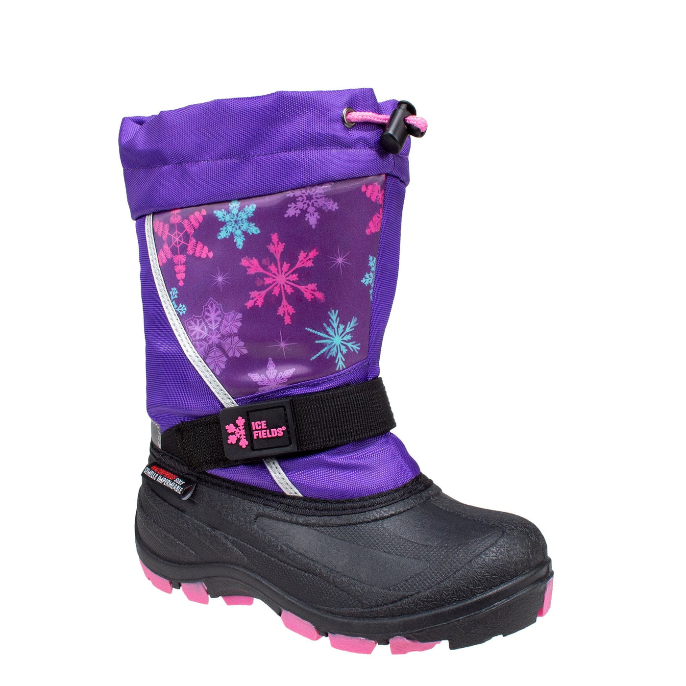 kid's light-up purple pac boot with fun snowflake lenticular front panel and velcro strap #color_purple