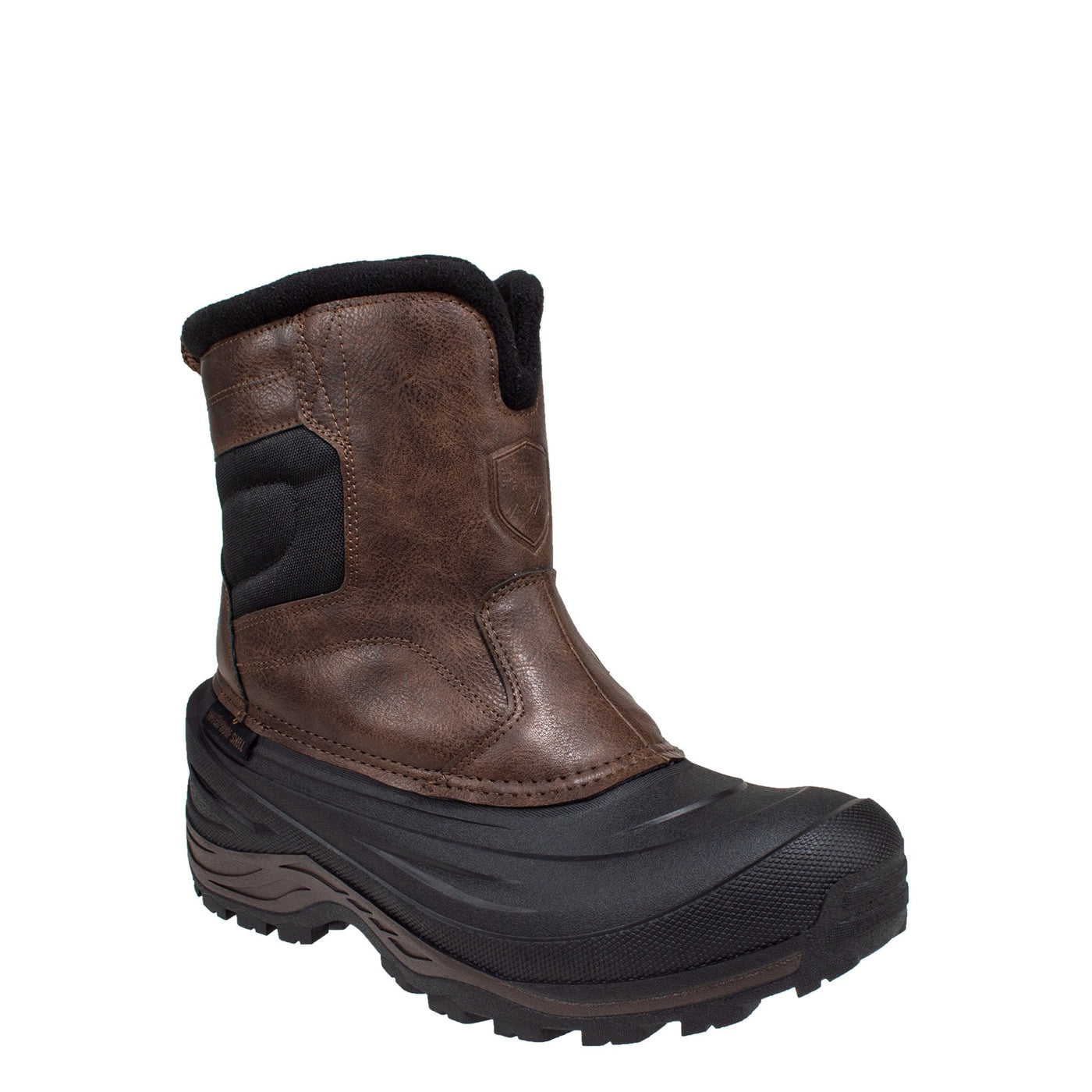men's brown, vegan leather, inside zipper, mid height shell boot with Hydrostopper® anti-slip pods on the bottom of boot