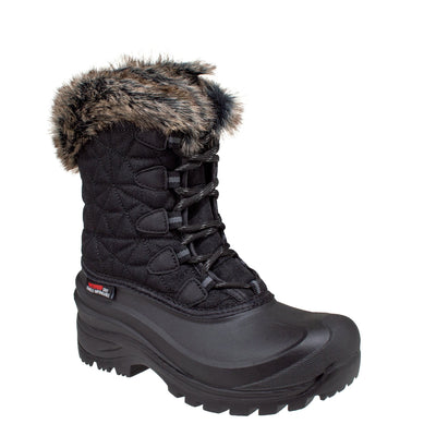 women's black nylon boot with embroidered pattern and faux fur collar #color_black