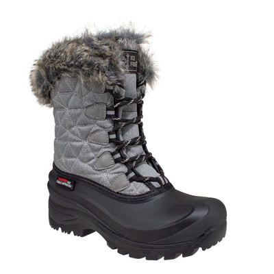women's grey nylon boot with embroidered pattern and faux fur collar #color_grey