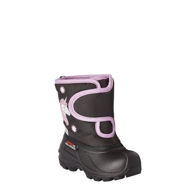 Toddler's black velcro boot with pink accents and fun unicorn graphic #color_pink