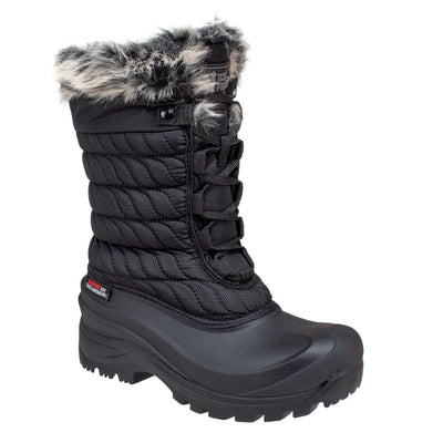 women's tall, black boot with embroidered pattern and faux fur collar #color_black