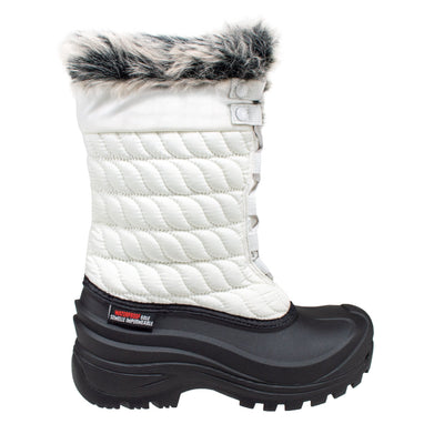 women's tall, white boot with embroidered pattern and faux fur collar #color_white