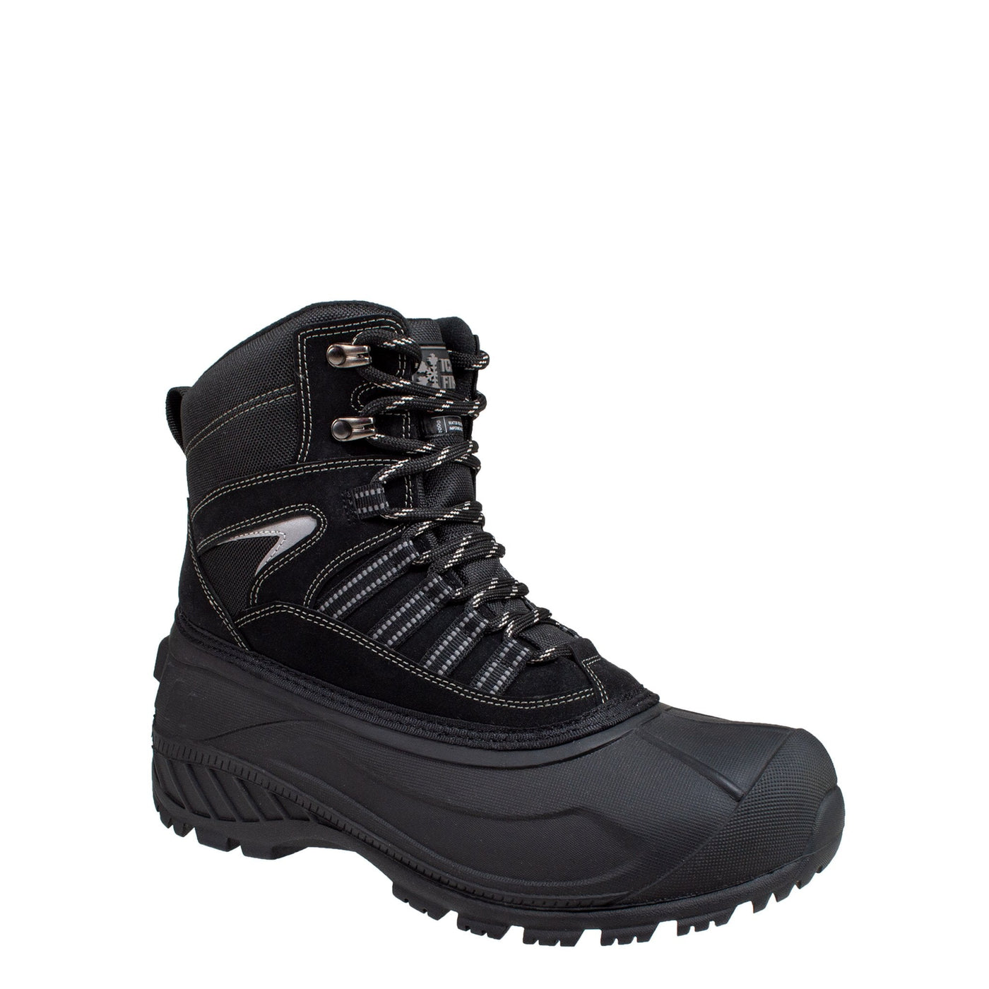mens' black, sleek, insulated, vegan leather, front lacing shell boot